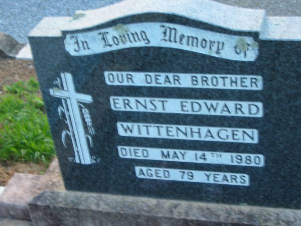 Ernst Edward WITTENHAGEN  | 14 May 1980, aged 79  | St John's Lutheran Church Cemetery, Kalbar, Boonah Shire  |   | 