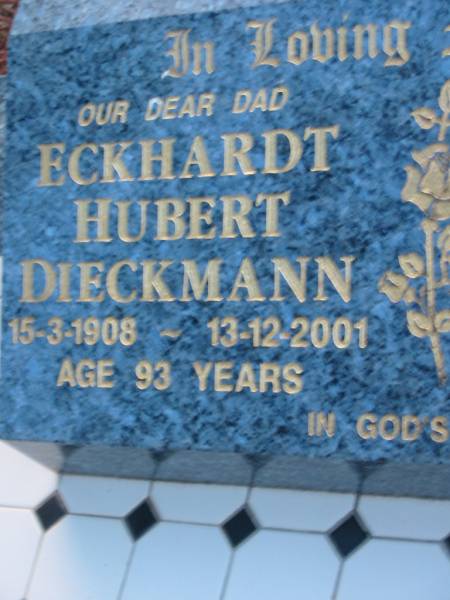 Eckhardt Hubert DIECKMANN  | b: 15 Mar 1908, d: 13 Dec 2001, aged 93  | Viola Agnes DIECKMANN  | b: 19 Aug 1915, d: 22 Dec 1998, aged 83  | St John's Lutheran Church Cemetery, Kalbar, Boonah Shire  |   | 