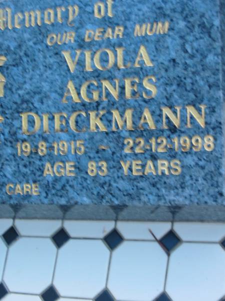 Eckhardt Hubert DIECKMANN  | b: 15 Mar 1908, d: 13 Dec 2001, aged 93  | Viola Agnes DIECKMANN  | b: 19 Aug 1915, d: 22 Dec 1998, aged 83  | St John's Lutheran Church Cemetery, Kalbar, Boonah Shire  |   | 