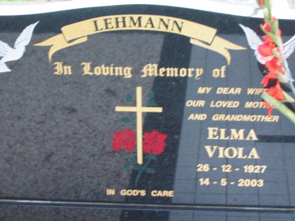 Elma Viola LEHMANN  | b: 26 Dec 1927, d: 14 May 2003  | St John's Lutheran Church Cemetery, Kalbar, Boonah Shire  |   | 
