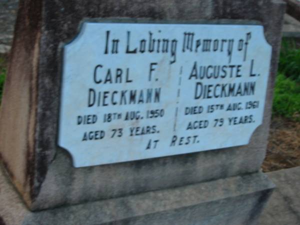 Carl F DIECKMANN  | 18 Aug 1950, aged 73  | Auguste L DIECKMANN  | 15 Aug 1961, aged 79  |   | St John's Lutheran Church Cemetery, Kalbar, Boonah Shire  |   | 