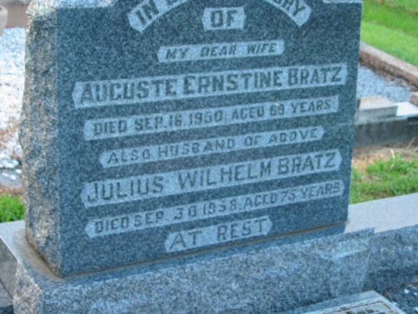 Auguste Ernstine BRATZ  | 16 Sep 1950, aged 69  | Julius Wilhelm BRATZ  | 30 Sep 1958, aged 75  |   | St John's Lutheran Church Cemetery, Kalbar, Boonah Shire  |   | 