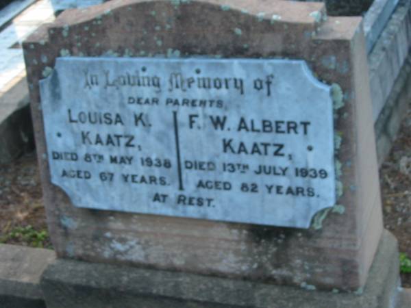 Louisa K KAATZ  | 8 May 1938 aged 67  | F W Albert KAATZ  | 13 Jul 1939, aged 82  |   | St John's Lutheran Church Cemetery, Kalbar, Boonah Shire  |   | 