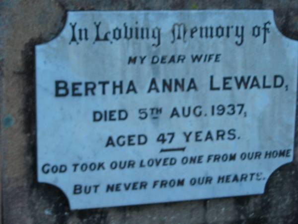 Bertha Anna LEWALD  | 5 Aug 1937, aged 47  | St John's Lutheran Church Cemetery, Kalbar, Boonah Shire  |   | 