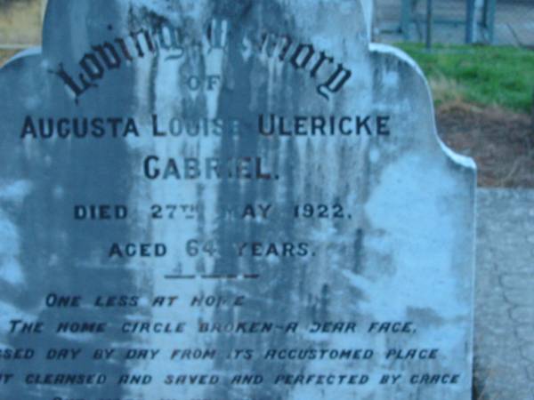 Augusta Louise Ulericke GABRIEL  | 27 May 1922, aged 64  |   | St John's Lutheran Church Cemetery, Kalbar, Boonah Shire  |   | 