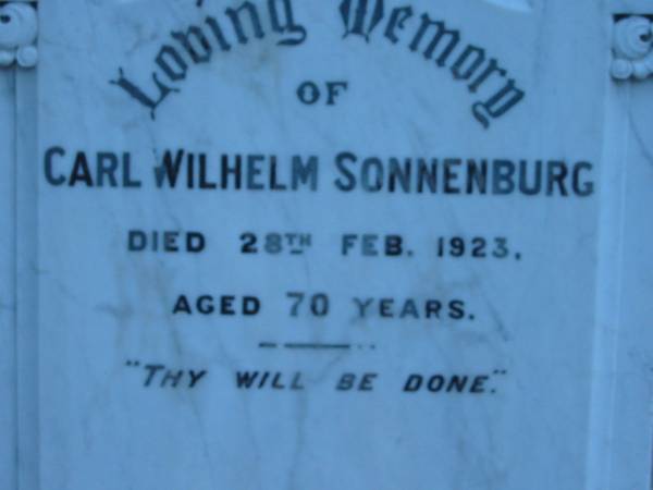Carl Wilhelm SONNENBERG  | 28 Feb 1923, aged 70  |   | St John's Lutheran Church Cemetery, Kalbar, Boonah Shire  |   | 