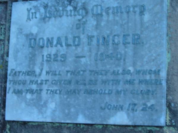 Donald FINGER  | 1929 - 1940  |   | St John's Lutheran Church Cemetery, Kalbar, Boonah Shire  |   | 