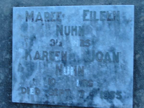 Maree Eileen NUHN  | 3 1/2 hours  | Karen Joan NUHN  | 10 hours  | died Sep 7 1955  |   | St John's Lutheran Church Cemetery, Kalbar, Boonah Shire  |   | 