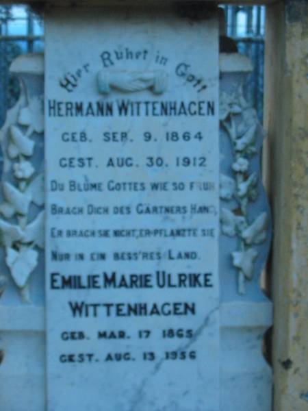 Hermann WITTENHAGEN  | geb 9 Sep 1864, gest 30 Aug 1912  | Emilie Marie Ulrike WITTENHAGEN  | geb 17 Mar 1865, ges 13 Aug 1936  |   | St John's Lutheran Church Cemetery, Kalbar, Boonah Shire  |   | 