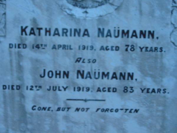 Katharina NAUMANN  | 14 Apr 1919, aged 78  | John NAUMANN  | 12 Jul 1919, aged 83  | St John's Lutheran Church Cemetery, Kalbar, Boonah Shire  |   | 