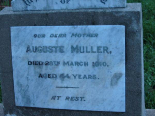 Auguste MULLER  | 28 Mar 1910, aged 44  | St John's Lutheran Church Cemetery, Kalbar, Boonah Shire  |   | 