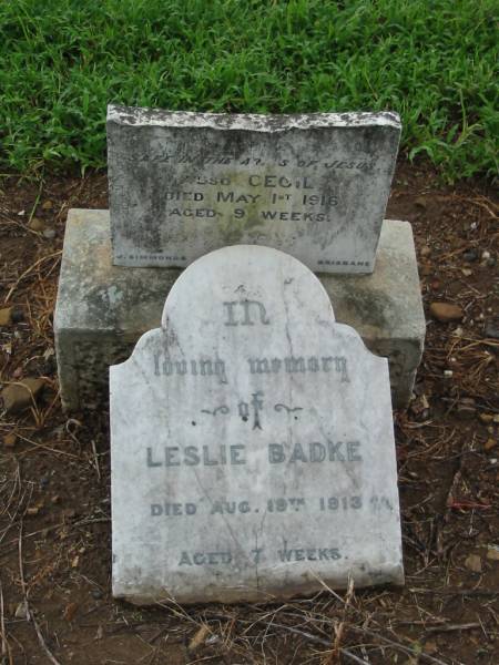 Leslie BADKE  | d: Aug 19 1913, aged 7 weeks  | Cecil  | 1 May 1916, aged 9 weeks  | St John's Lutheran Church Cemetery, Kalbar, Boonah Shire  |   | 