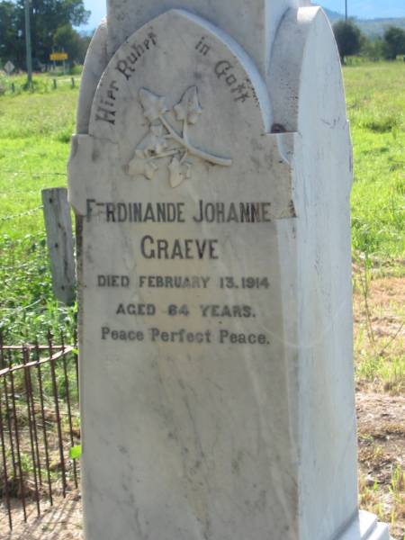 Ferdinande Johanne GRAEVE,  | died 13 Feb 1914 aged 64 years;  | Engelsburg Methodist Pioneer Cemetery, Kalbar, Boonah Shire  | 