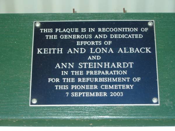 Keith & Lona ALBACK;  | Ann STEINHARDT;  | refurbishment 7 Sept 2003;  | Engelsburg Methodist Pioneer Cemetery, Kalbar, Boonah Shire  | 