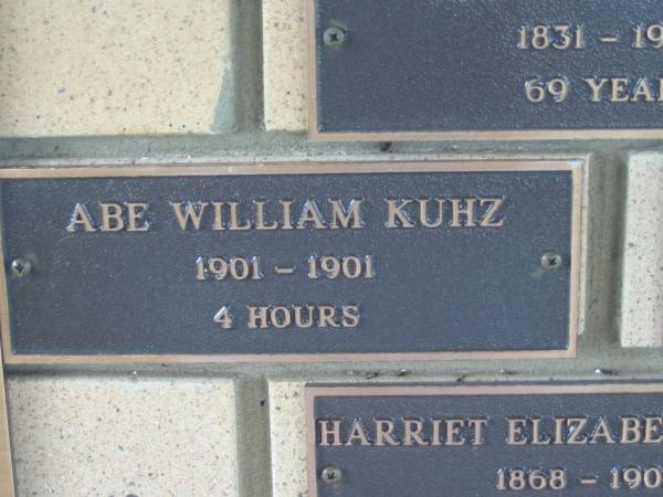 Abe William KUHZ,  | 1901 - 1901 aged 4 hours;  | Engelsburg Methodist Pioneer Cemetery, Kalbar, Boonah Shire  | 