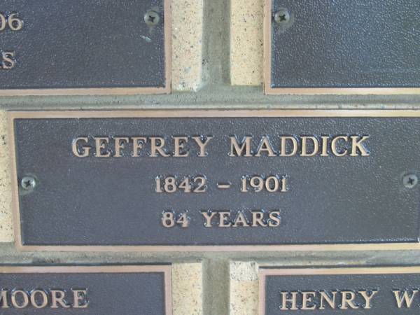 Geffrey MADDICK,  | 1842 - 1901 aged 84 years;  | Engelsburg Methodist Pioneer Cemetery, Kalbar, Boonah Shire  | 