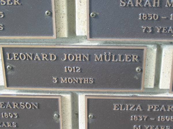 Leonard John MULLER,  | 1912 aged 3 months;  | Engelsburg Methodist Pioneer Cemetery, Kalbar, Boonah Shire  | 