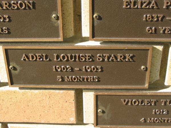 Adel Louise STARK,  | 1902 - 1903 aged 5 months;  | Engelsburg Methodist Pioneer Cemetery, Kalbar, Boonah Shire  | 