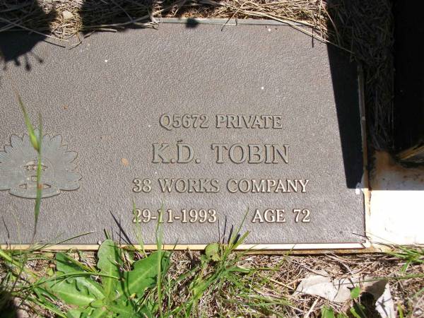K.D. TOBIN,  | died 29-11-1993 aged 72 years;  | Kandanga Cemetery, Cooloola Shire  | 