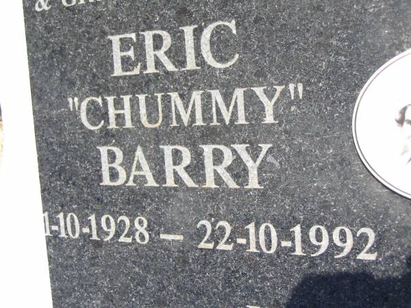 Eric (Chummy) BARRY, husband father grandfather,  | 1-10-1928 - 22-10-1992;  | Jean BARRY, wife mother grandmother,  | 21-1-1931 - 10-9-2005;  | Kandanga Cemetery, Cooloola Shire  | 