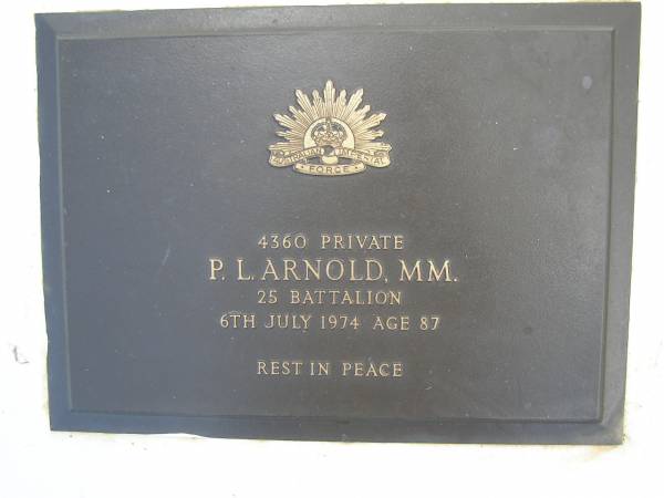 P.L. ARNOLD,  | died 6 July 1974 aged 87 years;  | Kandanga Cemetery, Cooloola Shire  | 