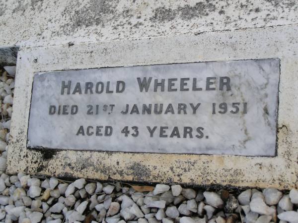 Harold WHEELER,  | died 21 Jan 1951 aged 43 years;  | Diane Claire WHEELER,  | died 6 Dec 1952 aged 8 months;  | Lorna Mavis WHEELER,  | 17-11-1926 - 3-9-1994;  | Kandanga Cemetery, Cooloola Shire  | 