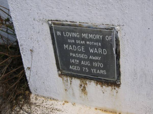 Albert John WARD, husband father,  | died 14-4-49 aged 52 years;  | Madge WARD, mother,  | died 14 Aug 1970 aged 75 years;  | Kandanga Cemetery, Cooloola Shire  | 