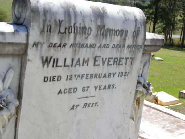 Emily EVERETT, wife mother,  | died 16 Jan 1914 aged 42 years;  | Daisy Evelyn EVERETT,  | daughter sister,  | died 1 July 1907 aged 3 years 6 months;  | William EVERETT, husband father,  | died 12 Feb 1931 aged 67 years;  | Kandanga Cemetery, Cooloola Shire  | 