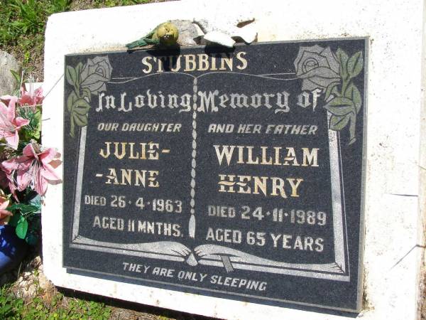 Julie-Anne STUBBINS, daughter,  | died 26-4-1963 aged 11 months;  | William Henry STUBBINS, father,  | died 24-11-1989 aged 65 years;  | Kandanga Cemetery, Cooloola Shire  | 