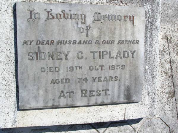Sidney G. TIPLADY, husband father,  | died 19 Oct 1959 aged 74 years;  | Kandanga Cemetery, Cooloola Shire  | 