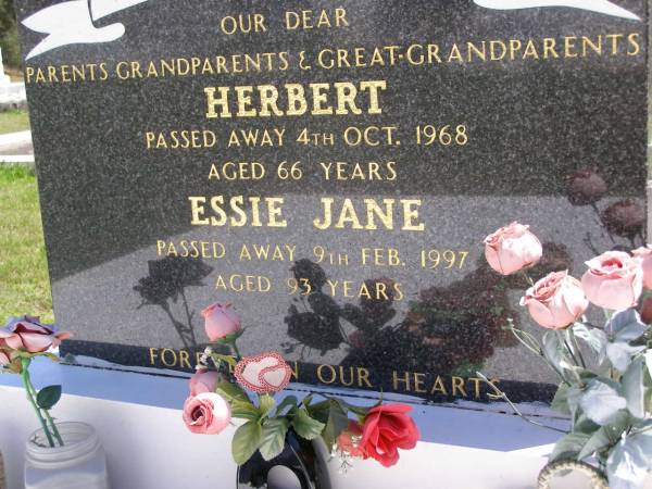 parents grandparents great-grandparents;  | Herbert BARSBY,  | died 4 Oct 1968 aged 66 years;  | Essie Jane BARSBY,  | died 9 Feb 1997 aged 93 years;  | Kandanga Cemetery, Cooloola Shire  | 