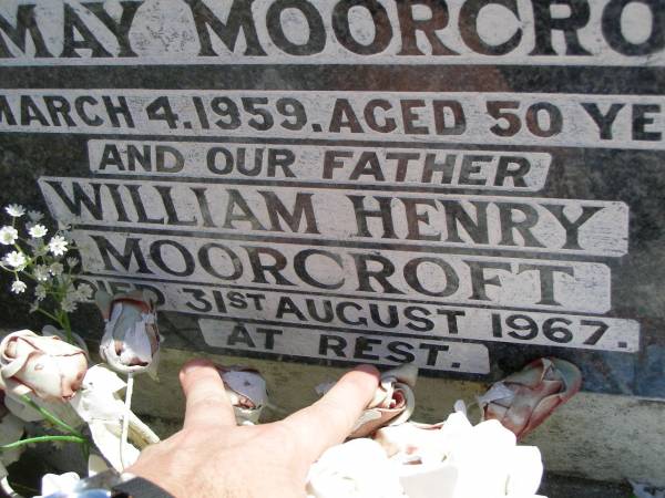 Ivy May MOORCROFT, wife mother,  | died 4 March 1959 aged 50 years;  | William Henry MOORCROFT, father,  | died 31 August 1967;  | Kandanga Cemetery, Cooloola Shire  | 