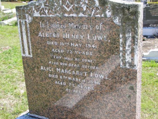 Albert Henry LOWE,  | died 10 May 1941 aged 72 years;  | Alice Margaret LOWE, mother,  | died 8 March 1946 aged 72 years;  | Kandanga Cemetery, Cooloola Shire  | 