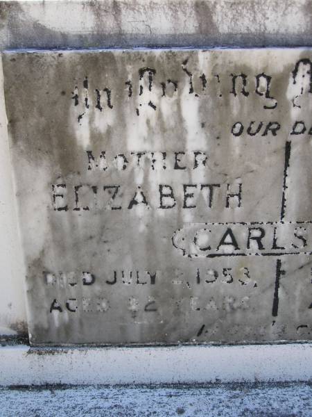 Elizabeth CARLSON, mother,  | died 2 July 1953 aged 82 years;  | Charlie CARLSON, father,  | died 7 Oct 1959 aged 89 years;  | Kandanga Cemetery, Cooloola Shire  | 