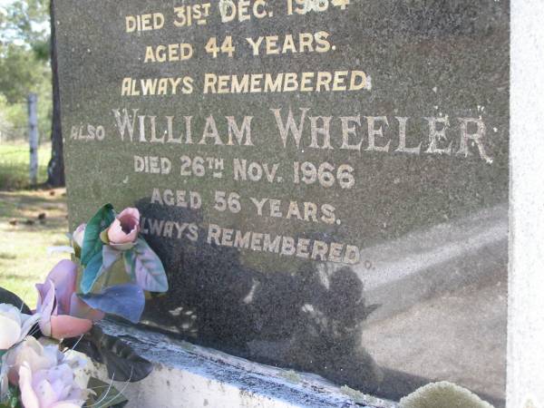 Margaret Lillien WHEELER,  | died 31 Dec 1984 aged 44 years;  | William WHEELER,  | died 26 Nov 1966 aged 56 years;  | Kandanga Cemetery, Cooloola Shire  | 