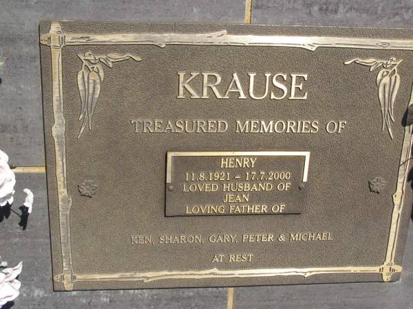 Henry KRAUSE,  | 11-8-1921 - 17-7-2000,  | husband of Jean,  | father of Ken, Sharon, Gary, Peter & Michael;  | Kandanga Cemetery, Cooloola Shire  | 