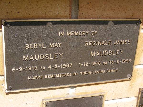 Beryl May MAUDSLEY,  | 6-9-1918 - 4-2-1997;  | Reginald James MAUDSLEY,  | 1-12-1916 - 13-3-1999;  | Kandanga Cemetery, Cooloola Shire  | 