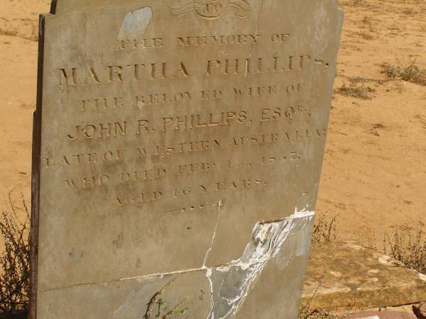 Martha PHILLIPS, (wife of John R PHILLIPS) d: Feb 1 1857, aged 46  | Cemetery at Kanyaka Homestead,  | north of Quorn,  | South Australia  | 