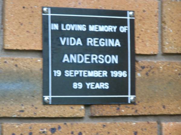 Vida Regina ANDERSON  | d: 19 Sep 1996, aged 89  | Kenmore-Brookfield Anglican Church, Brisbane  | 