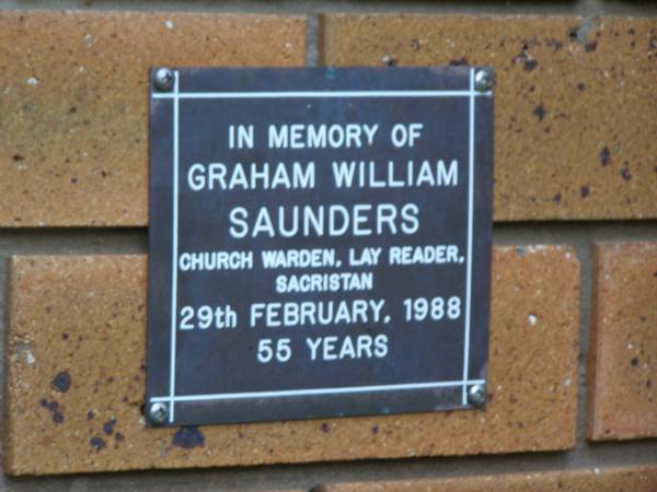 Graham William SAUNDERS  | d: 29 feb 1988, aged 55  | Kenmore-Brookfield Anglican Church, Brisbane  | 
