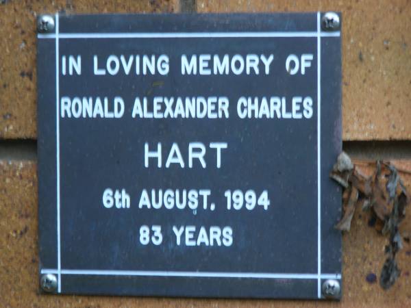Ronald Alexander Charles HART  | d: 6 Aug 1994, aged 83  | Kenmore-Brookfield Anglican Church, Brisbane  | 