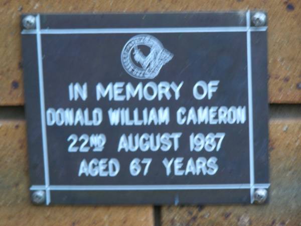 Donald William CAMERON  | d: 22 Aug 1987, aged 67  | Kenmore-Brookfield Anglican Church, Brisbane  | 