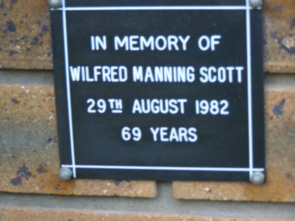 Wilfred Manning SCOTT  | d: 29 Aug 1982, aged 69  | Kenmore-Brookfield Anglican Church, Brisbane  | 