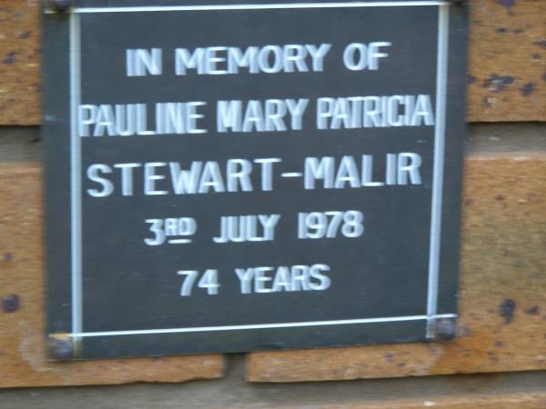 Pauline Mary Patricia STEWART-MALIR  | d: 3 Jul 1978, aged 74  | Kenmore-Brookfield Anglican Church, Brisbane  | 