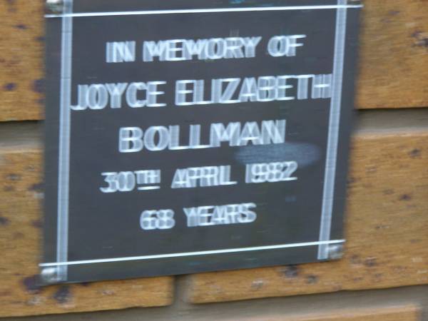 Joyce Elizabeth BOLLMAN  | d: 30 Apr 1982, aged 68  | Kenmore-Brookfield Anglican Church, Brisbane  | 