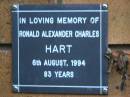 Ronald Alexander Charles HART d: 6 Aug 1994, aged 83 Kenmore-Brookfield Anglican Church, Brisbane 