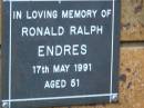 
Ronald Ralph ENDRES
d: 17 May 1991, aged 51
Kenmore-Brookfield Anglican Church, Brisbane
