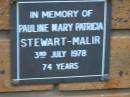 
Pauline Mary Patricia STEWART-MALIR
d: 3 Jul 1978, aged 74
Kenmore-Brookfield Anglican Church, Brisbane
