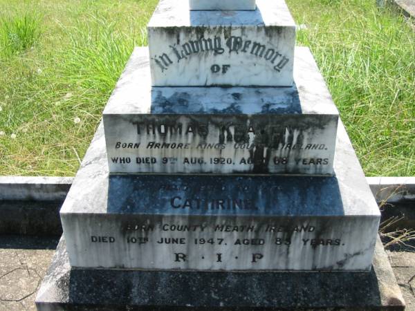 Thomas KEAVENY,  | born Armore, Kings County, Ireland,  | died 9 Aug 1920 aged 68 years;  | Cathrine, wife,  | born County Meath, Ireland,  | died 10 June 1947 aged 85 years;  | St John's Catholic Church, Kerry, Beaudesert Shire  | 