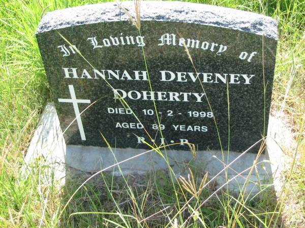 Hannah Deveney DOHERTY,  | died 10-2-1998 aged 89 years;  | St John's Catholic Church, Kerry, Beaudesert Shire  | 